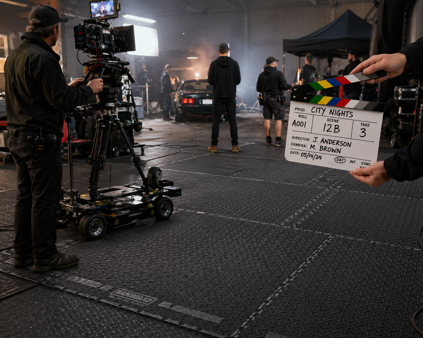 Film crew at work in a period mansion — floor protection mats in use on a UK TV production location