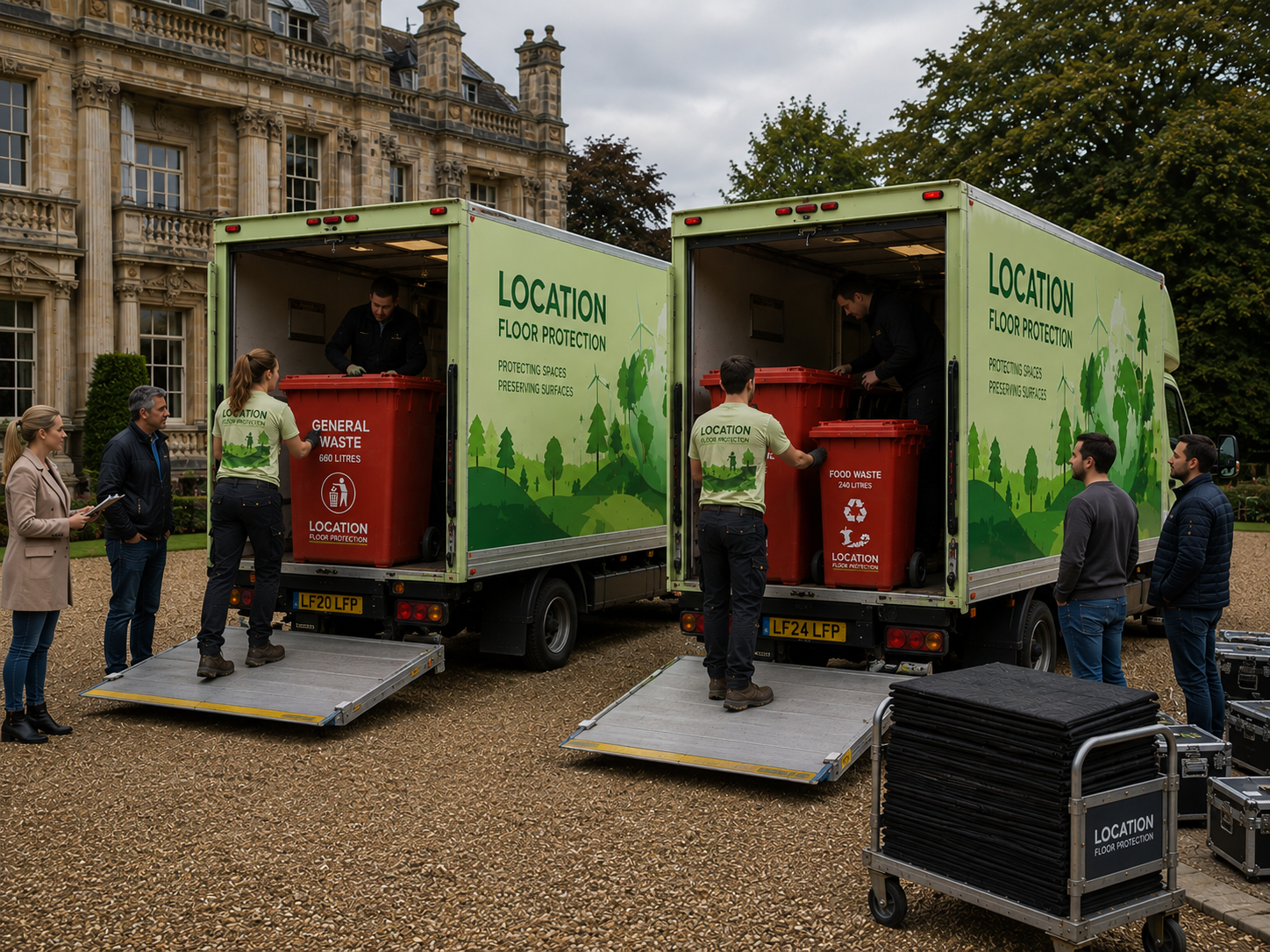 Vans being loaded with wheelie bins for delivery to a film and TV production location